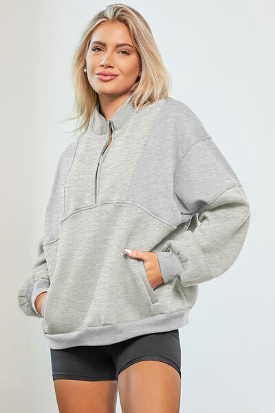 Half Zip Dropped Shoulder Sweatshirt - T - 2 COLORS -