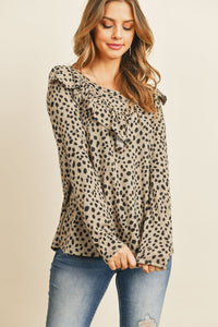 Thumbnail for Riah Fashion - Brushed Hacci Leopard V-Shaped Ruffle Detail Top - 3 COLORS -