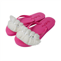 Thumbnail for SAND BY SAYA N.Y. - White Pom Pom Fringe - Embellished Flat Flip Flops Sandal - 4 COLORS -