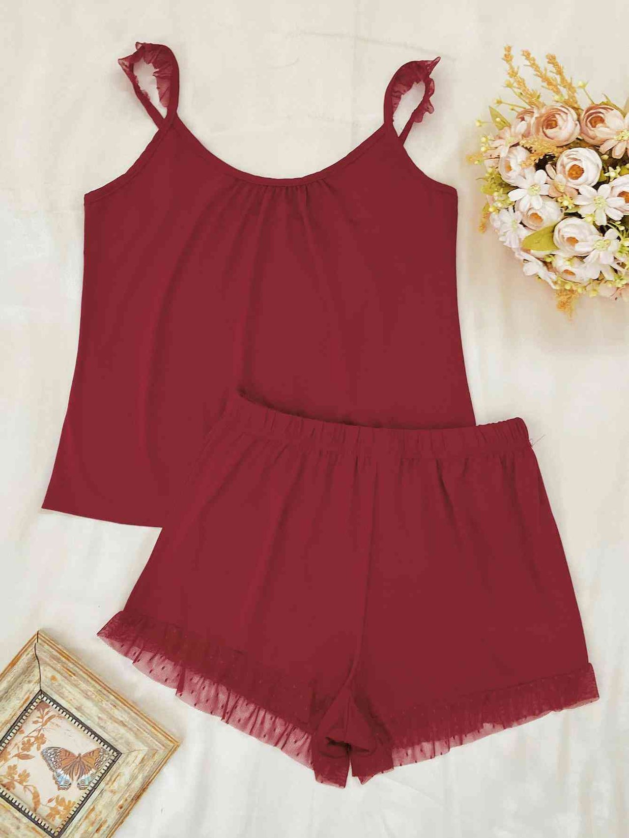 Gathered Detail Spliced Mesh Sleeveless Top and Shorts Lounge Set - 2 PCS. - T - 2 COLORS -