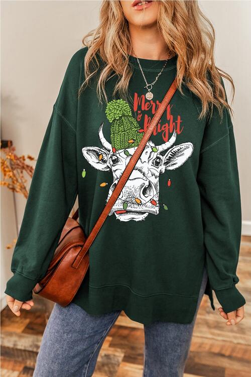 Merry & Bright Bull Graphic Round Neck Long Sleeve Sweatshirt - HOLY COW!? NO BULL - T - 1 COLOR -