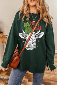 Thumbnail for Merry & Bright Bull Graphic Round Neck Long Sleeve Sweatshirt - HOLY COW!? NO BULL - T - 1 COLOR -