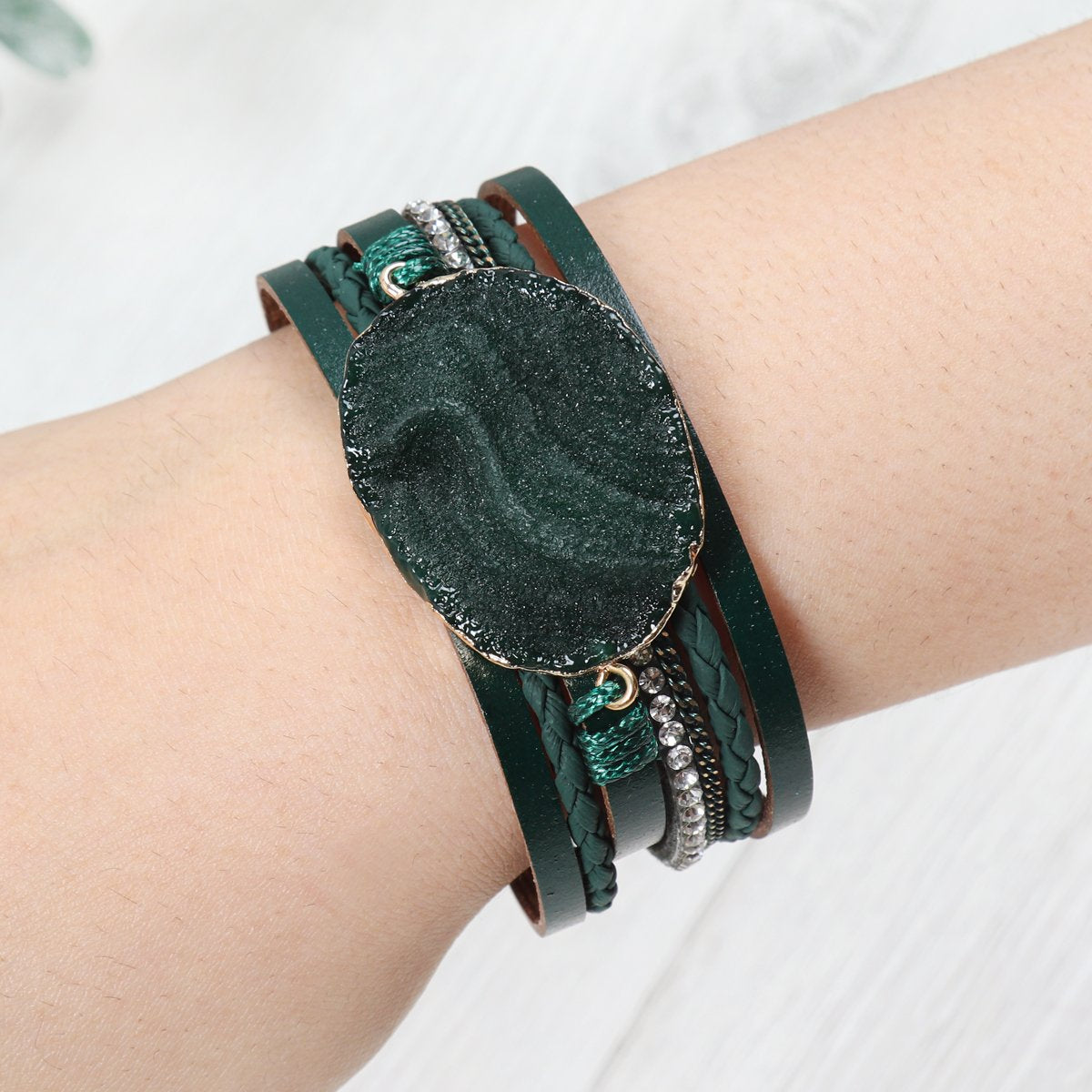 Riah Fashion - Large Semi Stone Leather Wrap Bracelet - 7 COLORS -