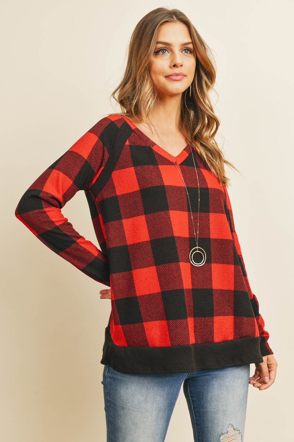 Riah Fashion - Checker Plaid V-Neck Long Sleeve Top - 2 COLORS -