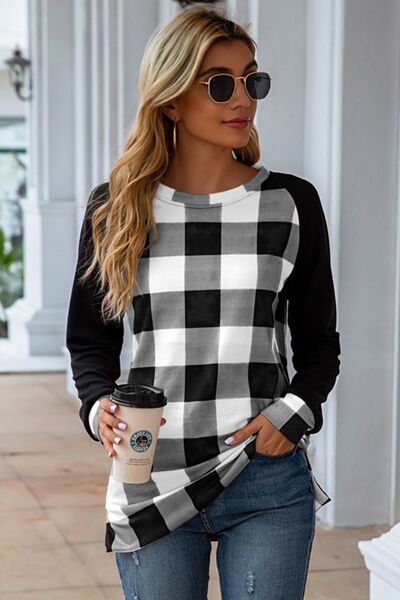 Plaid Round Neck Long Sleeve T-Shirt - T - 5 COLORS -