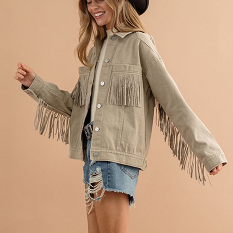 Fringe Detail Dropped Shoulder Denim Jacket - T - 3 COLORS -