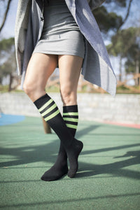 Thumbnail for Women's Black Lime Stripe Knee High Socks - 1 COLOR -