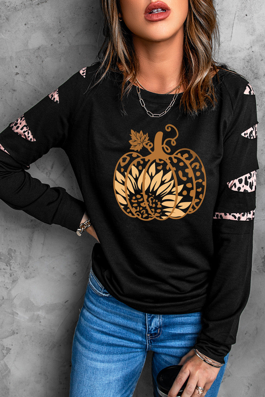 Leopard Pumpkin Graphic Sweatshirt - T - 1 COLOR -