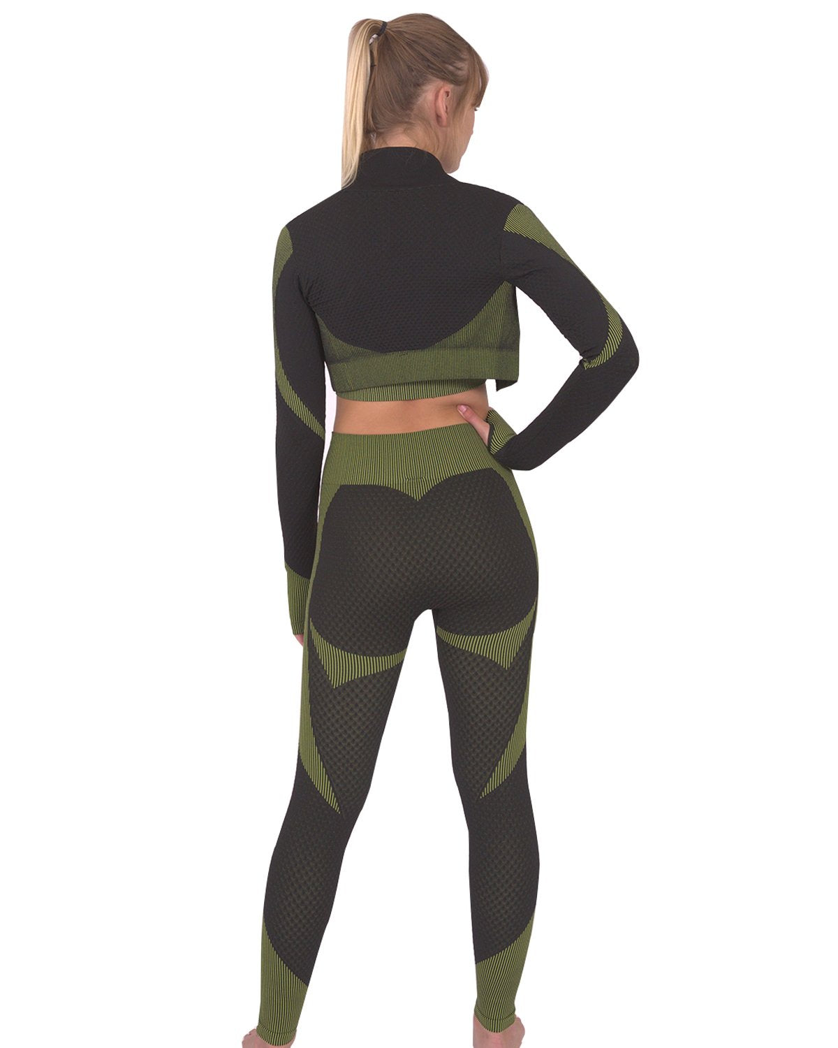 Savoy - Trois Seamless Jacket, Leggings & Sports Top 3 Set - 3 PCS - Black With Green -