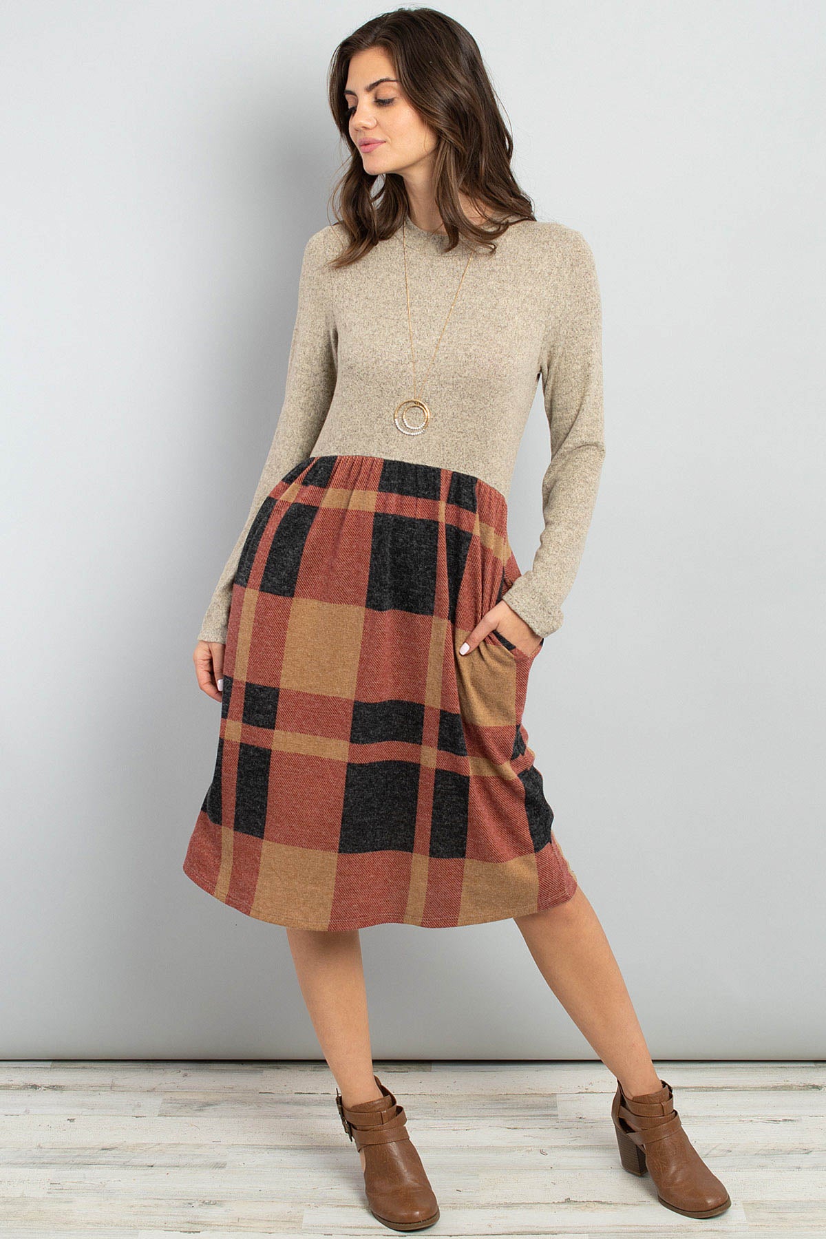 Riah Fashion - Two Toned High Neck Long Sleeves Plaid Contrast Dress - 3 COLORS -