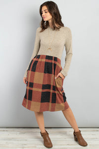 Thumbnail for Riah Fashion - Two Toned High Neck Long Sleeves Plaid Contrast Dress - 3 COLORS -