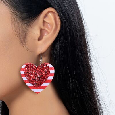 Faux Leather Iron Hook Sequin Heart Earrings - T - 1 COLOR -