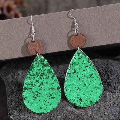 Sequin Faux Leather Wooden Dangle Earrings - T - 1 COLOR -