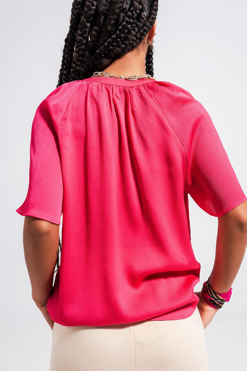 Q2 - V Neck Short Sleeve Top in Fuchsia - 2 SIZES - 1 COLOR -