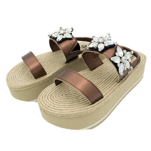 SAND BY SAYA N.Y. - Two Stars - Crystal Rhinestone Embellished - Waterproof Espadrille Platform Wedge Heels Sandals for Women - 2 COLORS -