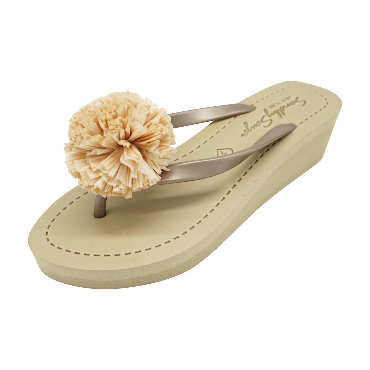 SAND BY SAYA N.Y. - Raffia Pom Poms - Mid Wedge Flip Flops Sandals - 2 COLORS -