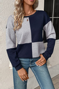 Thumbnail for Textured Color Block Round Neck Sweatshirt - T - 4 COLORS -