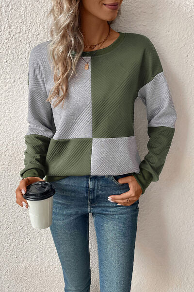 Textured Color Block Round Neck Sweatshirt - T - 4 COLORS -