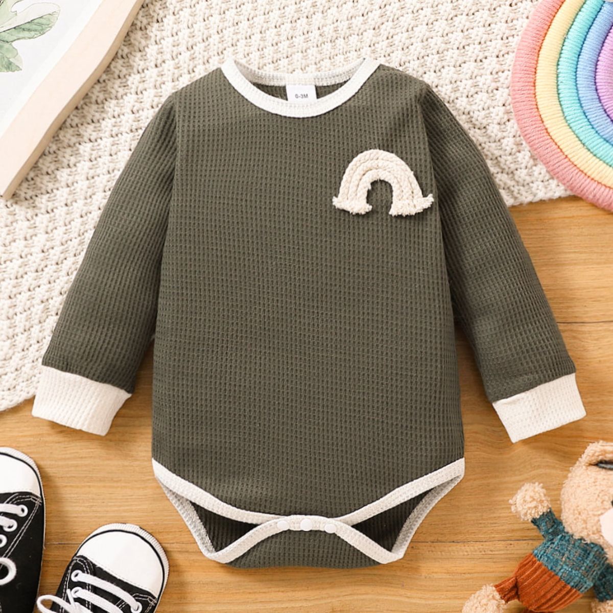 Baby Contrast Trim Waffle-Knit Long Sleeve Bodysuit - T - 5 SIZES - 2 COLORS -