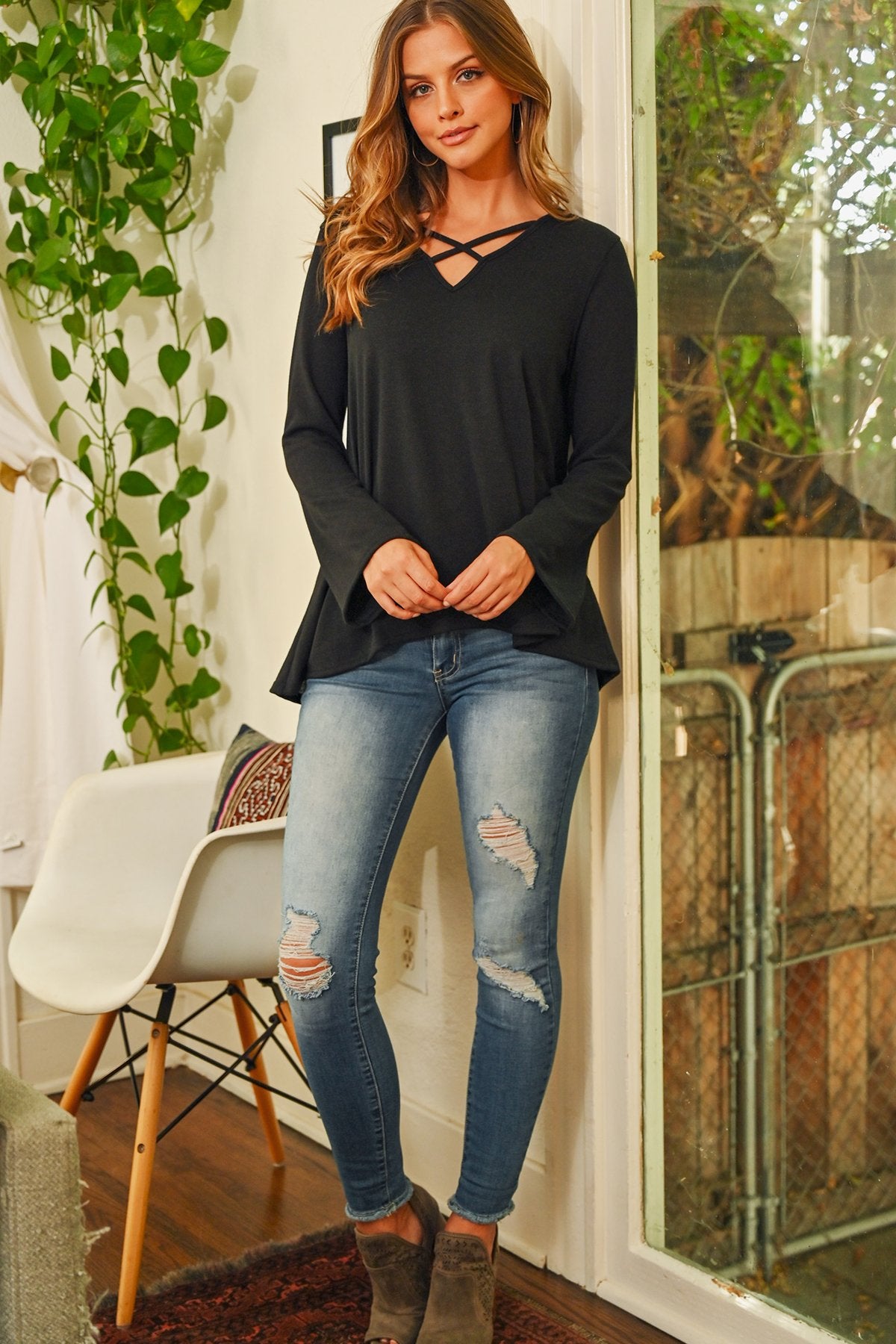 Criss Cross Neck Long Sleeve Hacci Top - 5 COLORS -