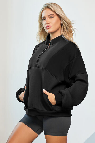 Half Zip Dropped Shoulder Sweatshirt - T - 2 COLORS -