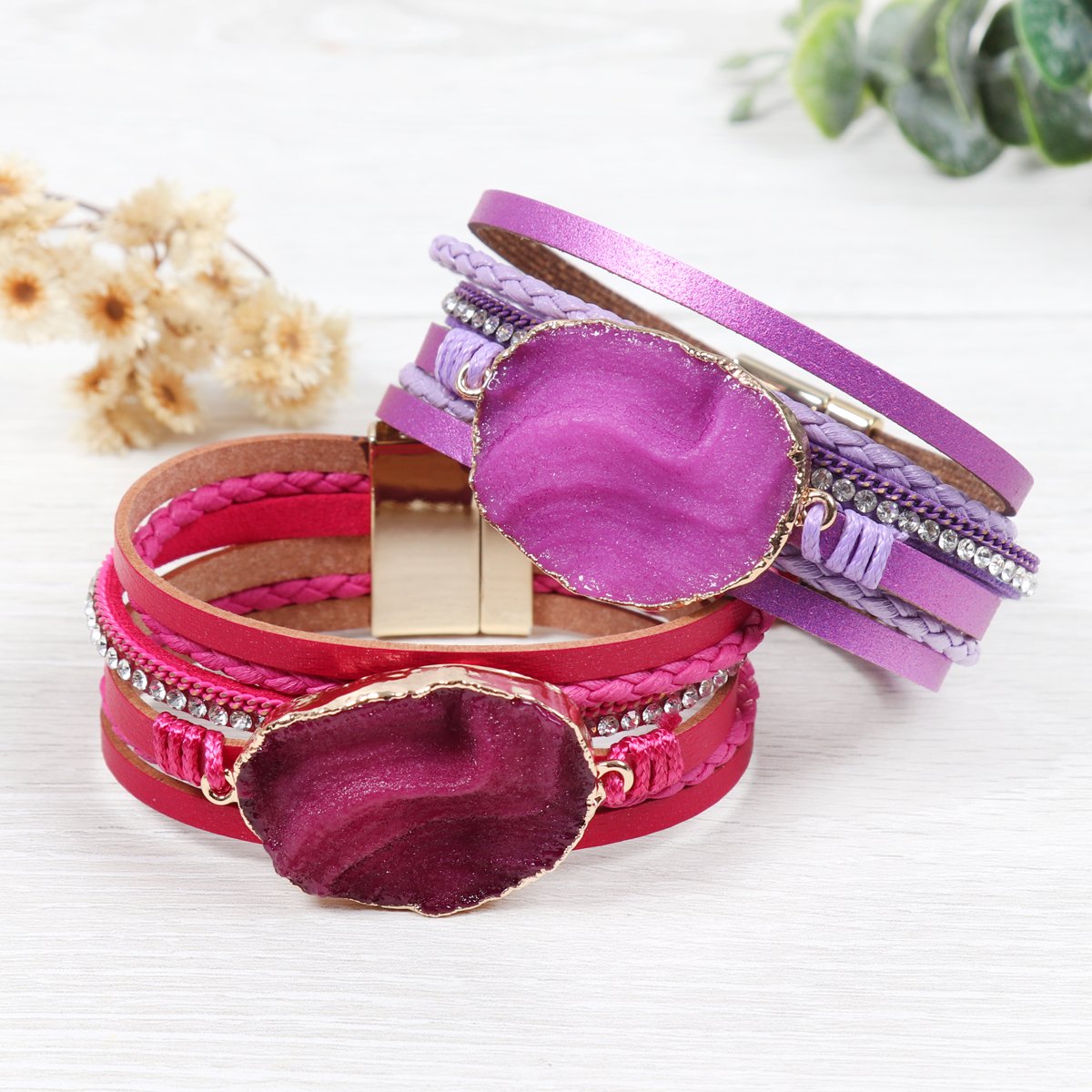 Riah Fashion - Large Semi Stone Leather Wrap Bracelet - 7 COLORS -