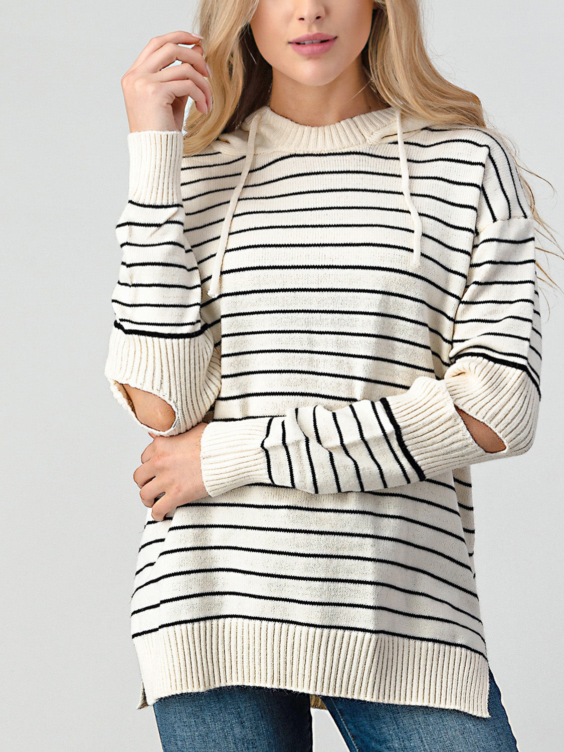 Striped Cutout Slit Hooded Sweater - T - 1 COLOR -