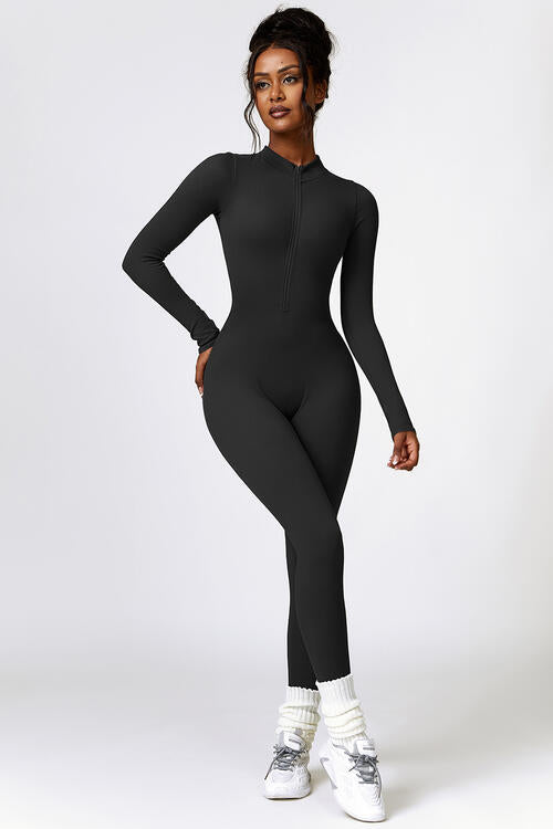 Half Zip Long Sleeve Active Jumpsuit - T - 5 COLORS -