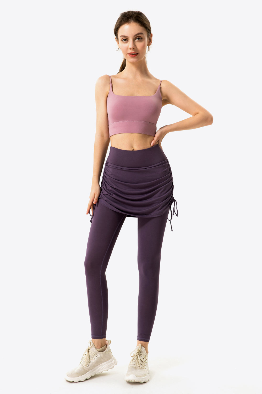 Drawstring Ruched Faux Layered Yoga Leggings - T - 7 COLORS -