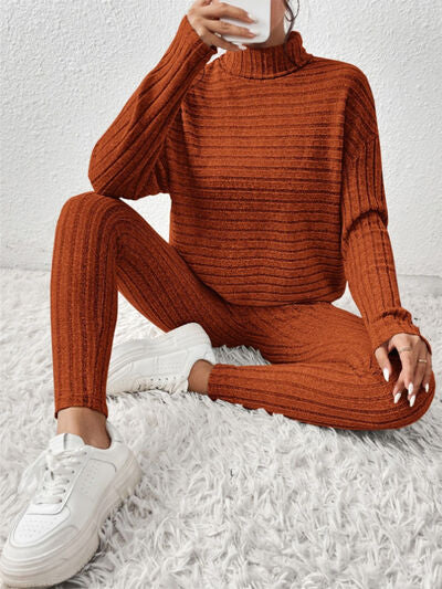 Ribbed Turtleneck Top and Pants Set - 2 PCS. - T - 5 COLORS -