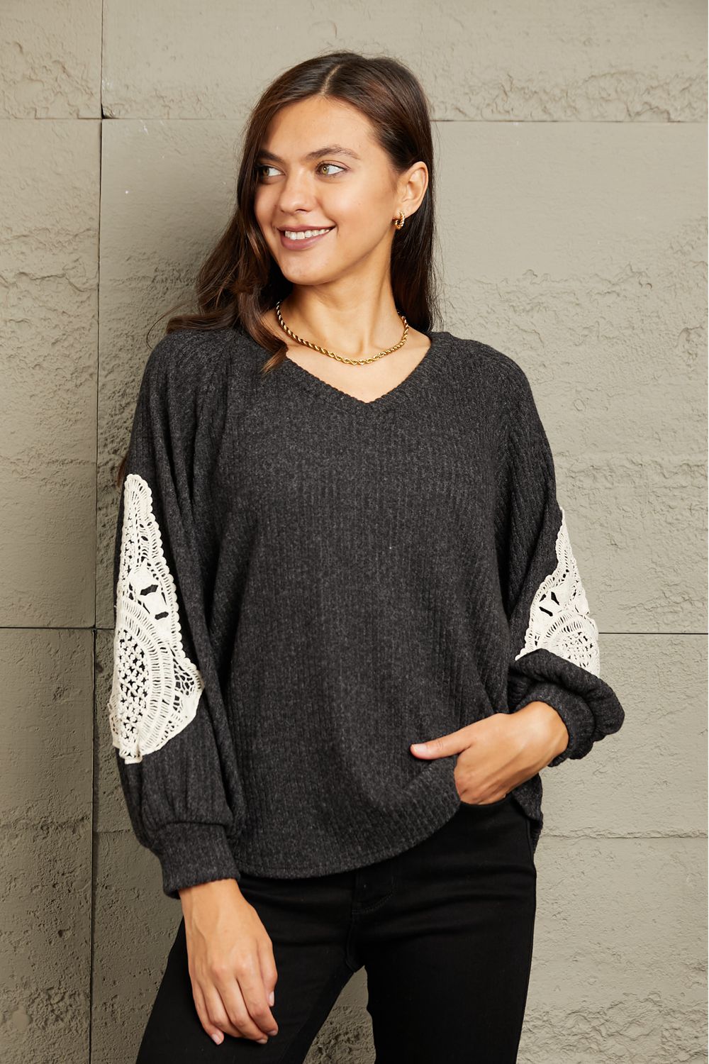 Sew In Love Full Size Lace Patch Detail Sweater - T - 1 COLOR -