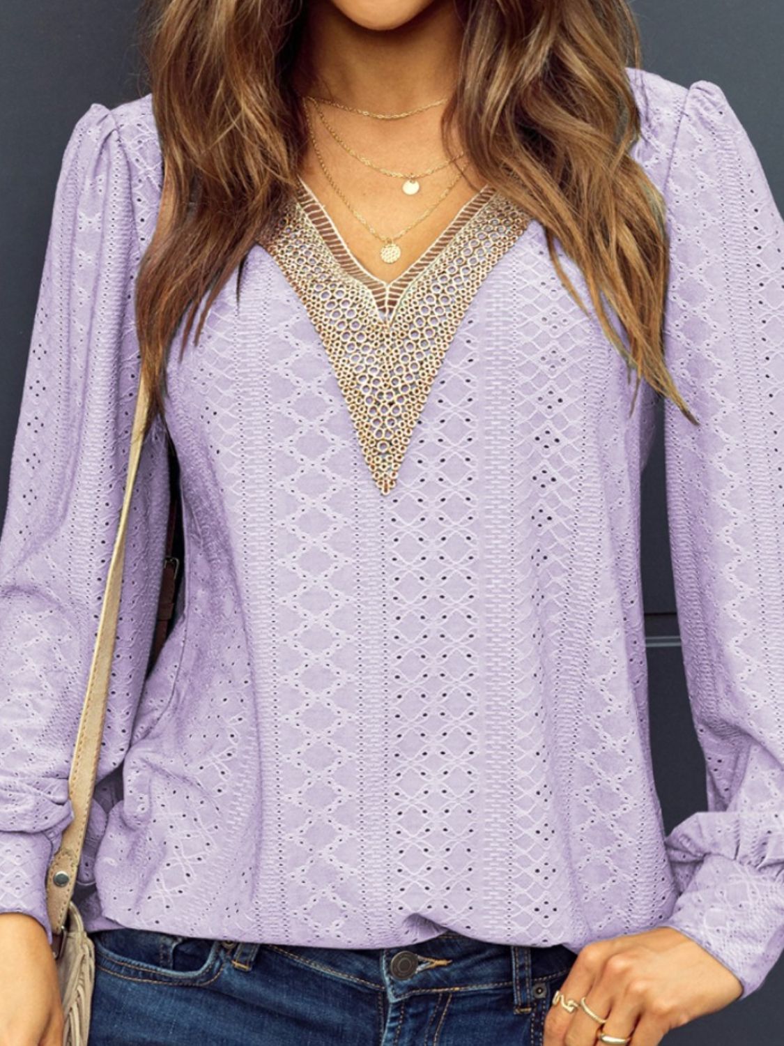 Eyelet V-Neck Long Sleeve Blouse - T - 7 COLORS -