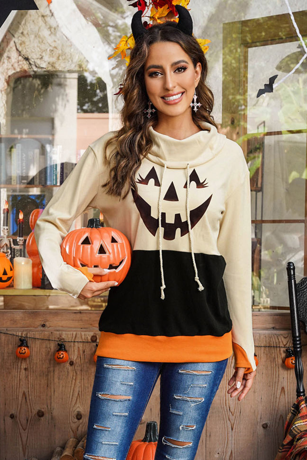 Long Sleeve Jack-O'-Lantern Graphic Sweatshirt - T - 2 COLORS -