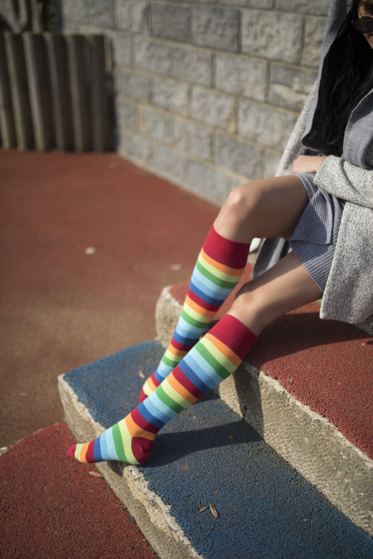 Women's Red Rainbow Stripe Knee High Socks - 1 COLOR -