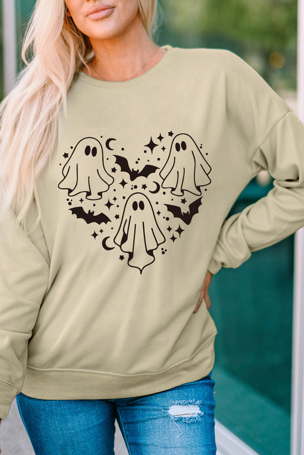 Round Neck Dropped Shoulder Ghost Graphic Sweatshirt - T - 1 COLOR -