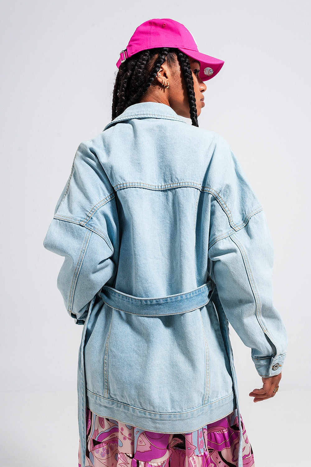 Q2 - Longline Denim Jacket With Belt in Light Blue Wash - 1 COLOR -