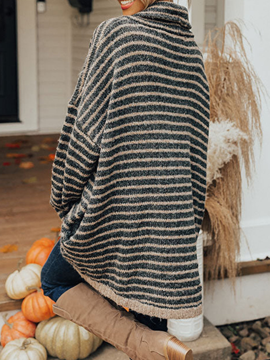 Striped Turtleneck Sweater with Pockets - T - 4 COLORS -