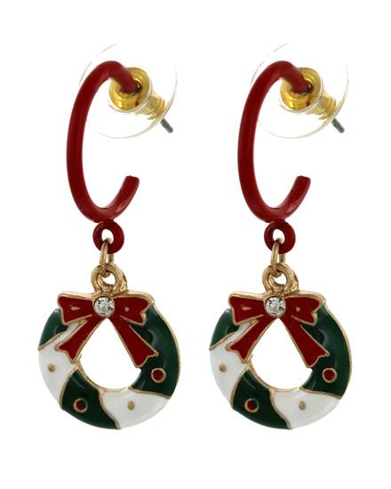 Christmas Wreath Dangle Hoop Earrings -