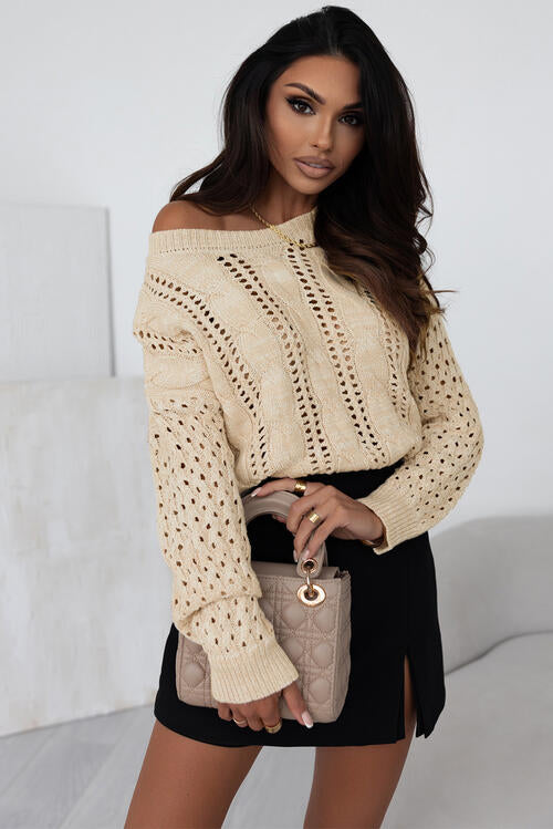 Full Size Openwork Cable-Knit Round Neck Knit Sweater - T - 1 COLOR -