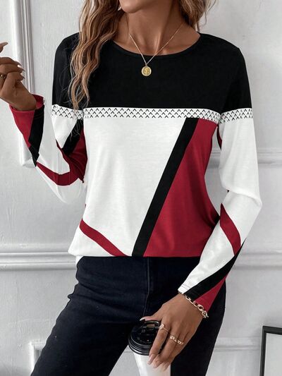 Contrast Round Neck Long Sleeve T-Shirt - T - 4 COLORS -