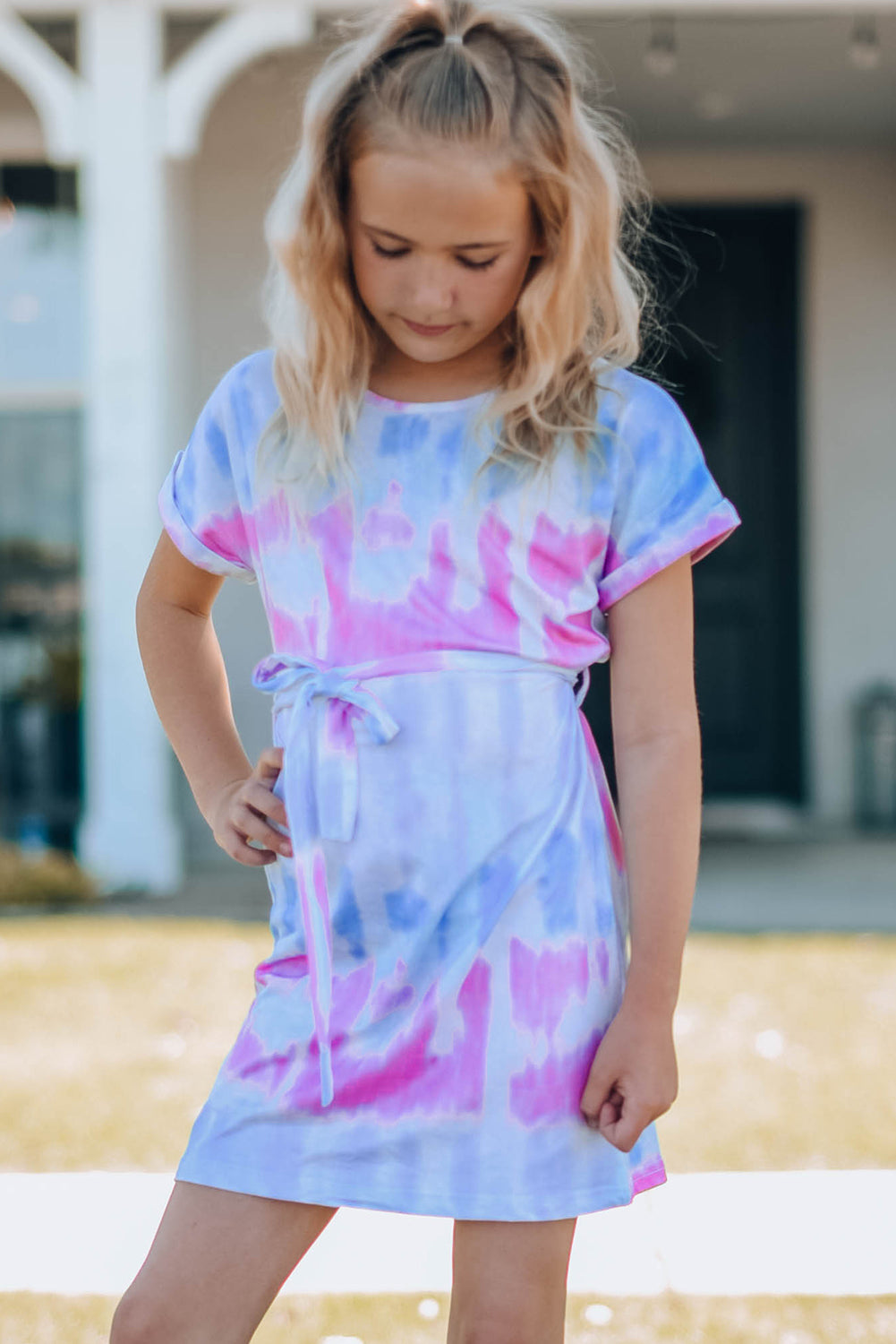 Girls Tie-Dye Belted T-Shirt Dress - T - 4 SIZES - 1 COLOR -