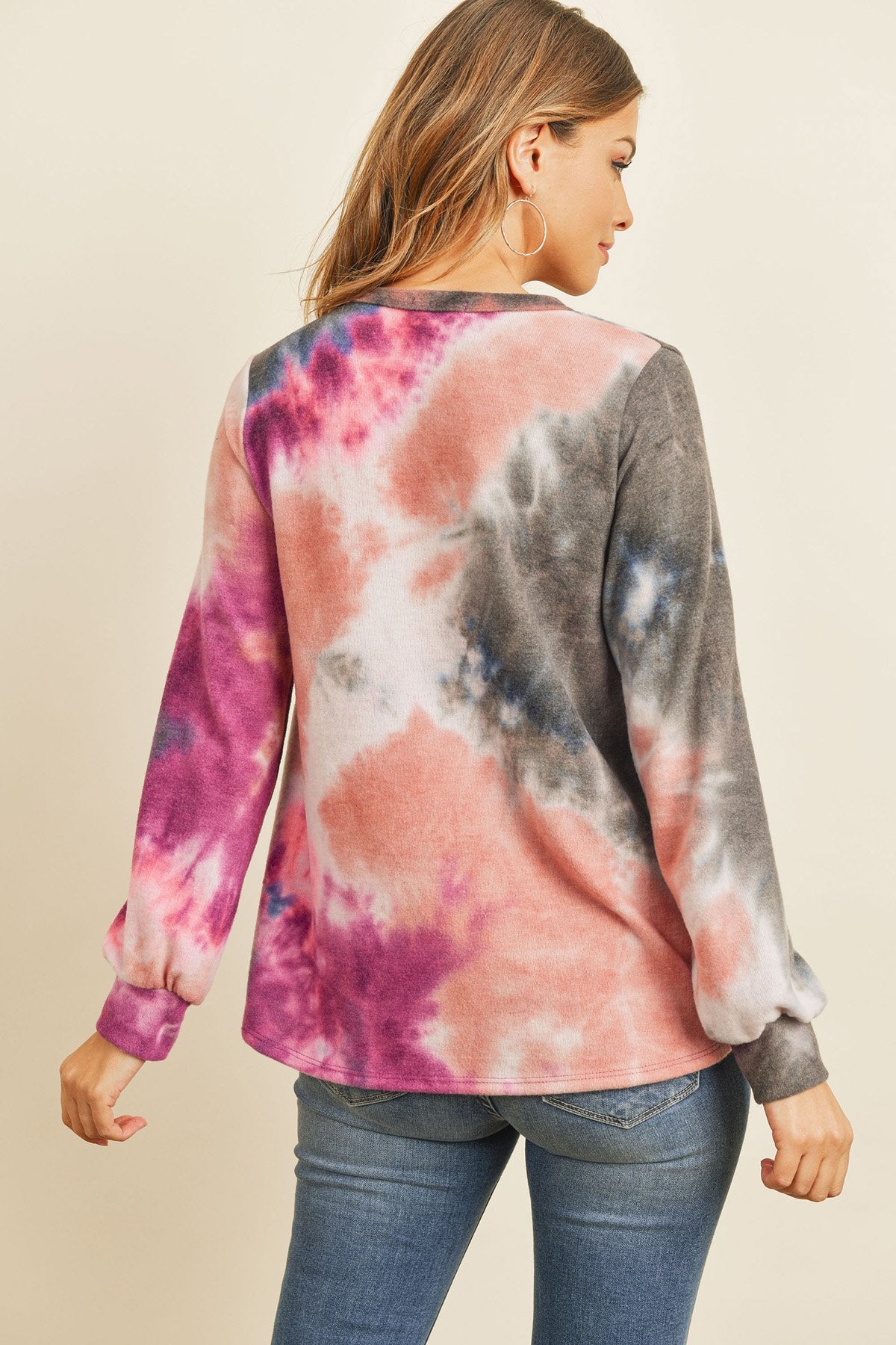 Riah Fashion - Long Sleeve Boat Neck Tie Dye Round Hem Top - 3 COLORS -