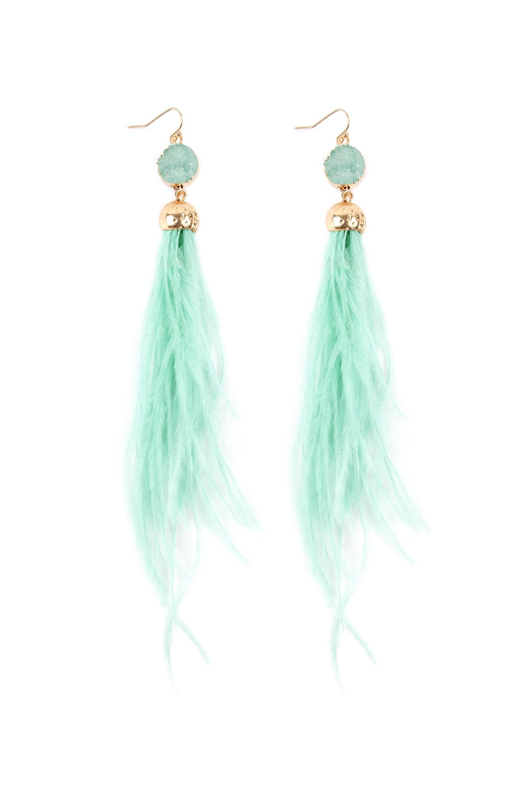 Riah Fashion - Druzy Stone Dangling Feather Earrings - 7 COLORS -