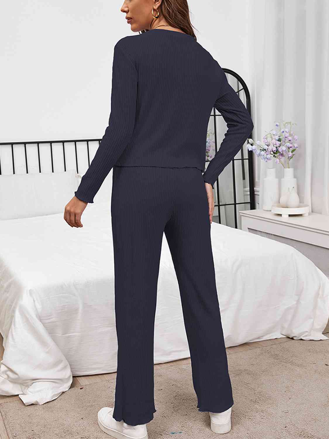 Round Neck Long Sleeve Top and Drawstring Pants Lounge Set - 2 PCS. - T - 3 COLORS -