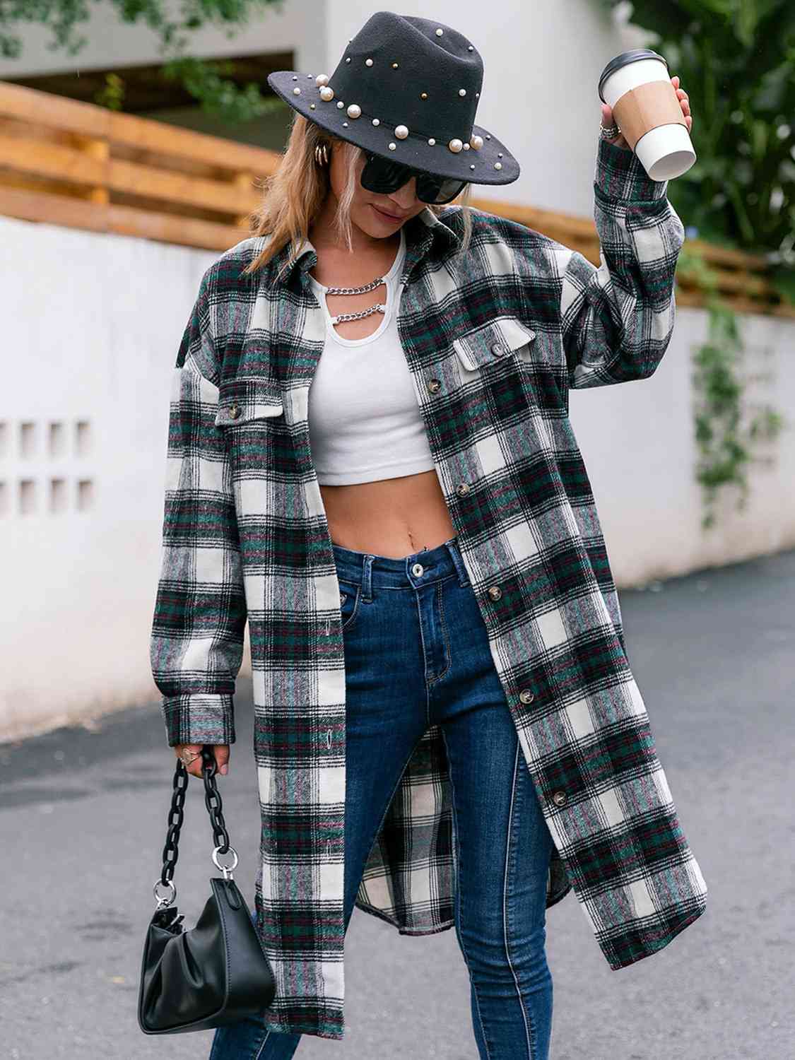 Plaid Collared Neck Button Down Longline Jacket - T - 4 COLORS -