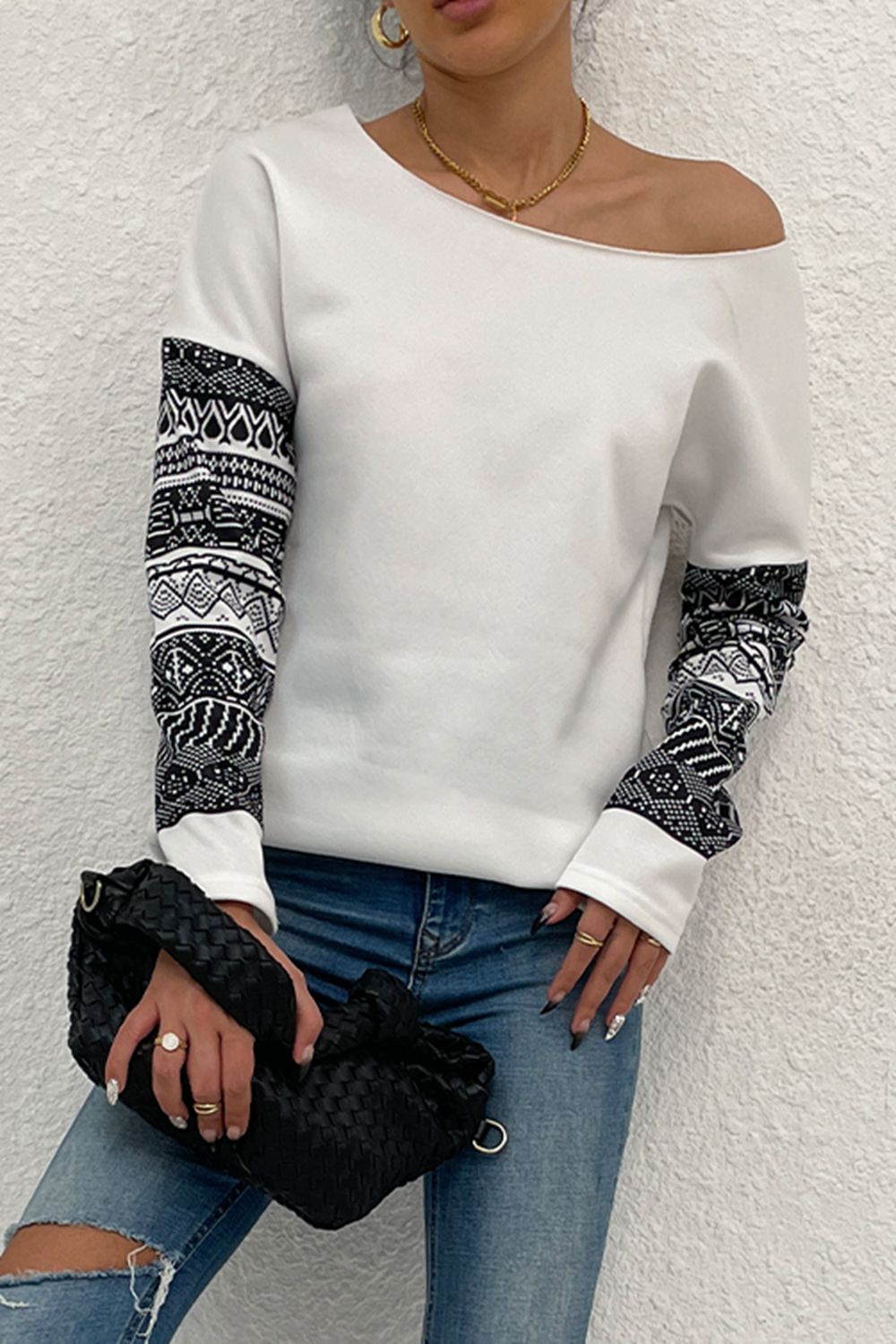 Boat Neck Long Printed Sleeve Blouse - T - 2 COLORS -