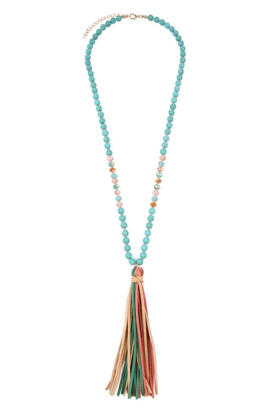 Riah Fashion - Colorful Natural Stone Glass Beads Leather Tassel Necklace - 7 COLORS -