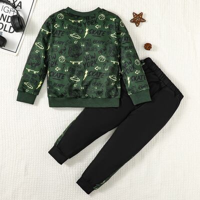 Letter Print Round Neck Top and Pants Set - 2 PCS. - T - 1 COLOR -