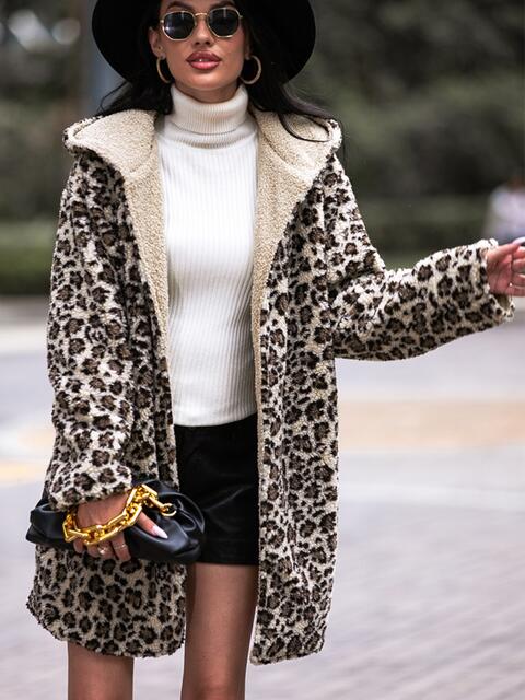 Faux Leopard Print Hooded Teddy Coat - T - 1 COLOR -