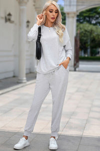 Thumbnail for Round Neck Top and Drawstring Pants Lounge Set - 2 PCS. - T - 4 COLORS -